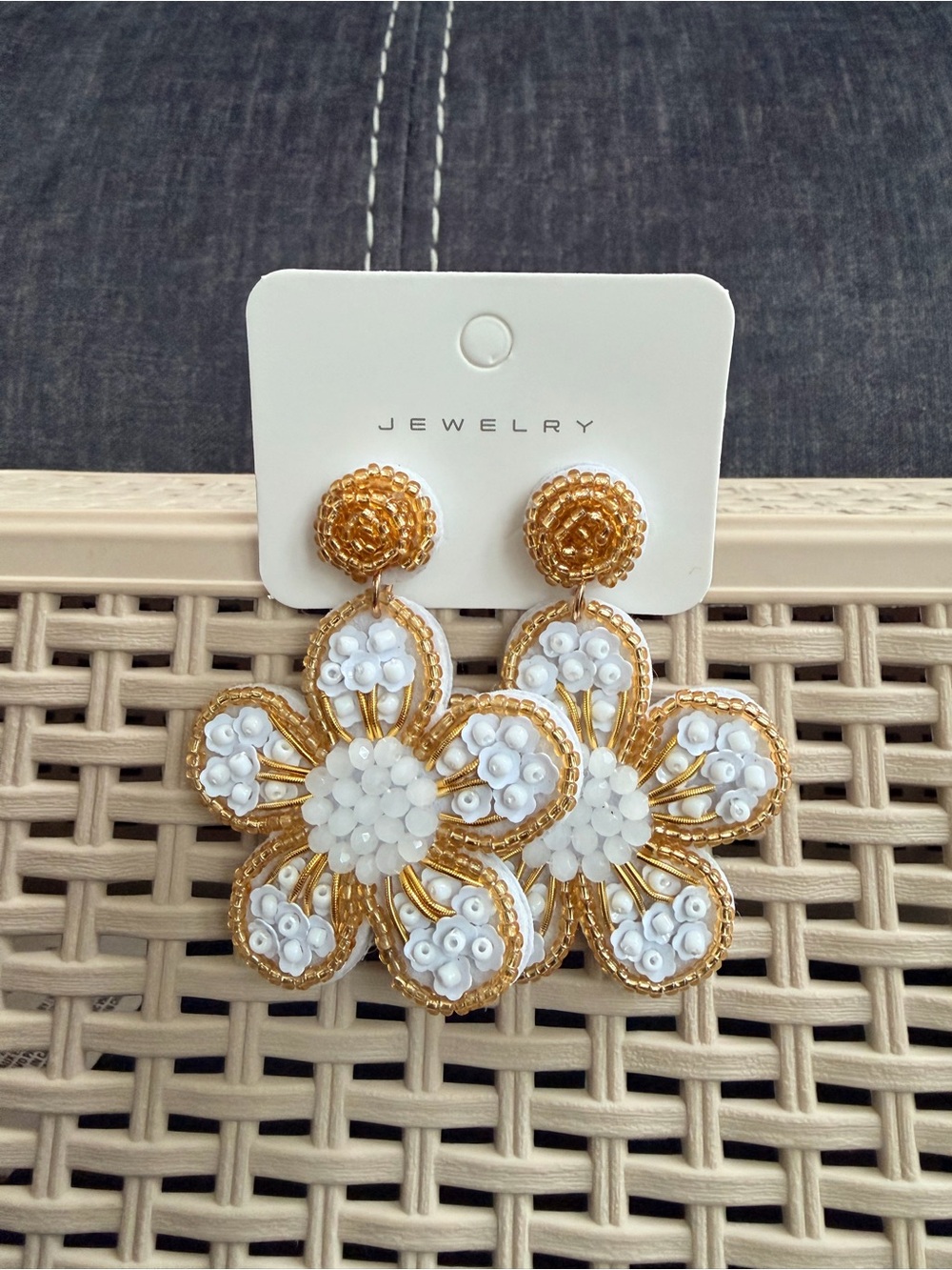 White & Gold Floral Beaded Drop Earrings